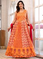 Soft Dola Orange Festival Wear Mirror Work Readymade Gown With Dupatta